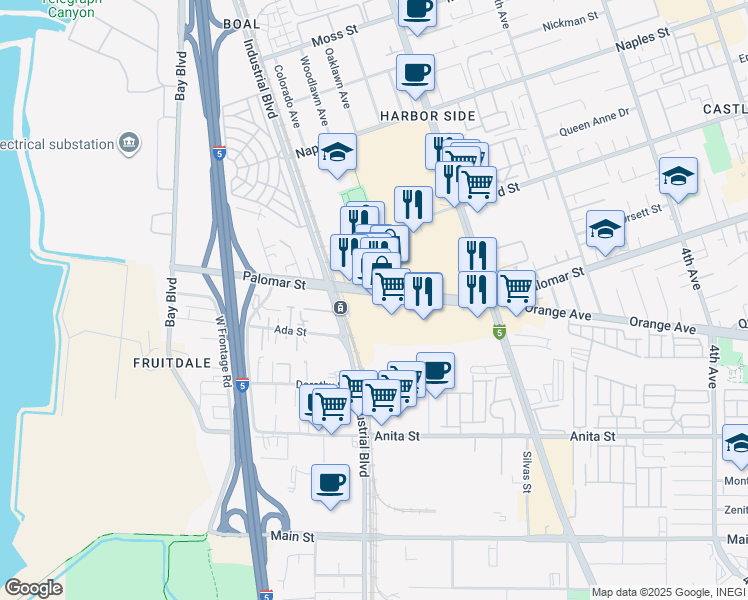 map of restaurants, bars, coffee shops, grocery stores, and more near 670 Palomar Street in Chula Vista
