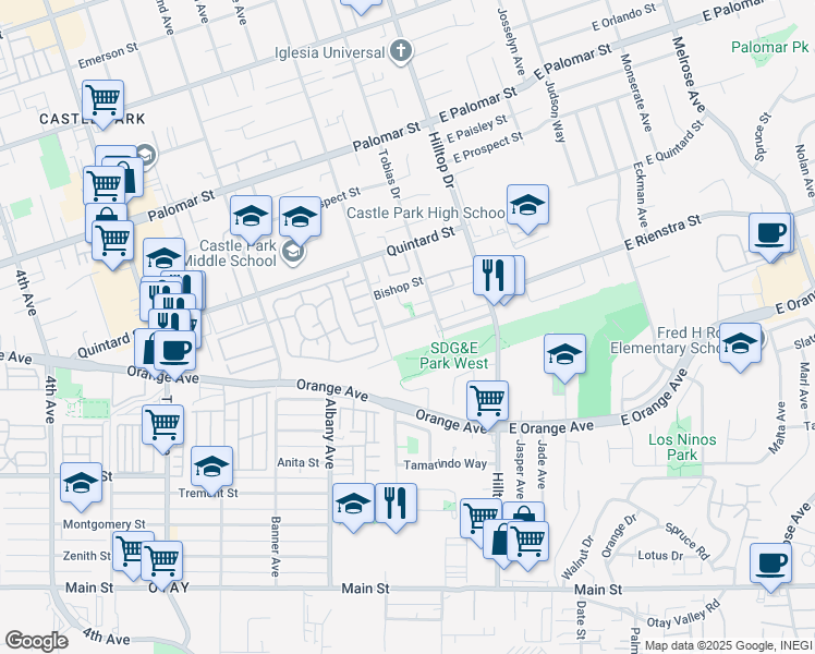 map of restaurants, bars, coffee shops, grocery stores, and more near 78 Sherwood Street in Chula Vista