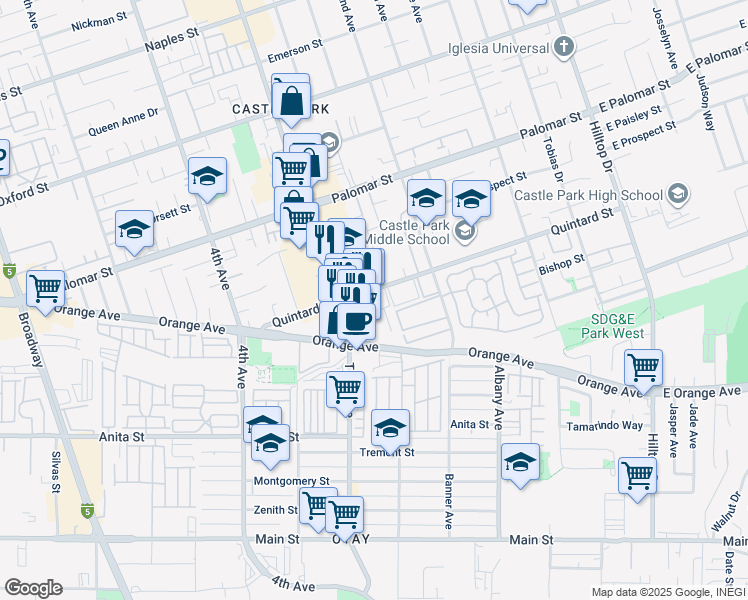 map of restaurants, bars, coffee shops, grocery stores, and more near 255 Quintard Street in Chula Vista