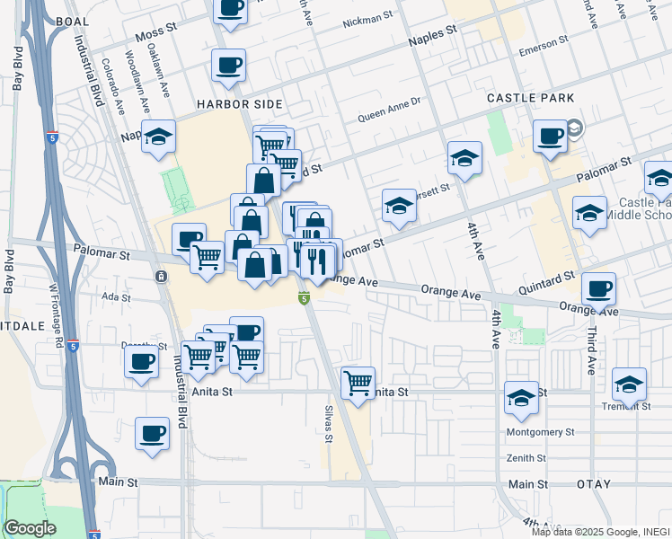 map of restaurants, bars, coffee shops, grocery stores, and more near 33 Palomar Street in Chula Vista