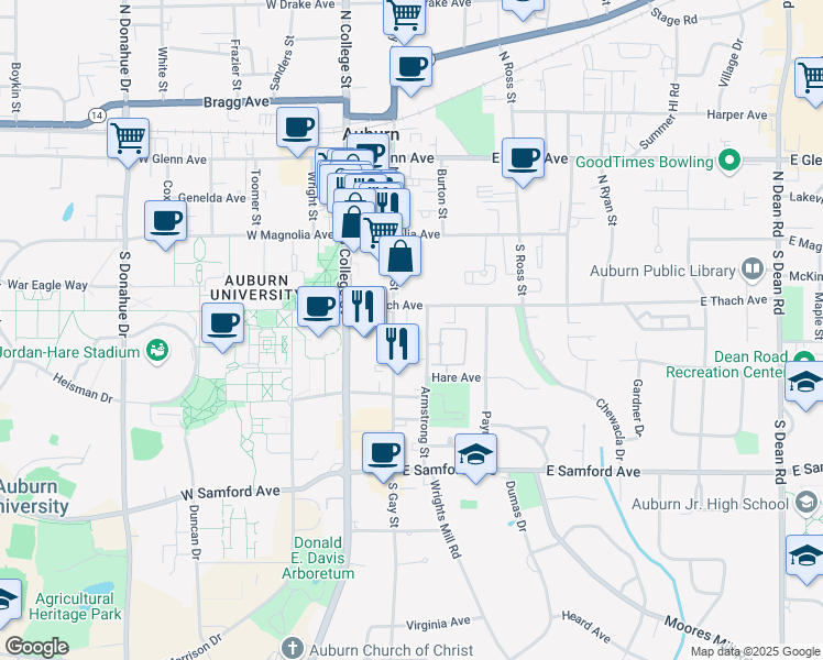 map of restaurants, bars, coffee shops, grocery stores, and more near 226 East Thach Avenue in Auburn