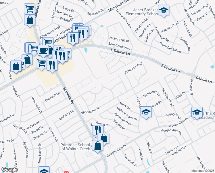 map of restaurants, bars, coffee shops, grocery stores, and more near 2103 Sandstone Court in Mansfield