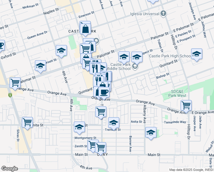 map of restaurants, bars, coffee shops, grocery stores, and more near 271-73 Quintard Street in Chula Vista