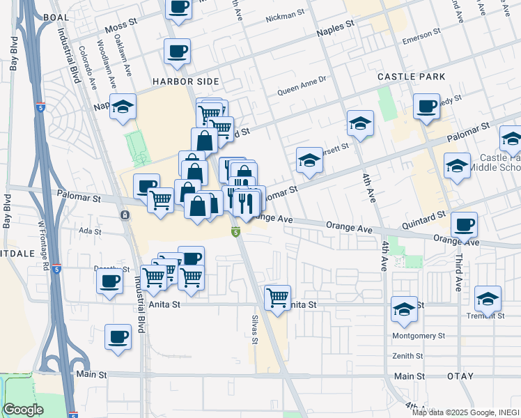 map of restaurants, bars, coffee shops, grocery stores, and more near 33 Palomar Street in Chula Vista