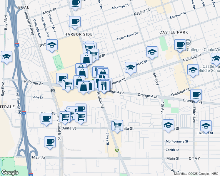 map of restaurants, bars, coffee shops, grocery stores, and more near in Chula Vista
