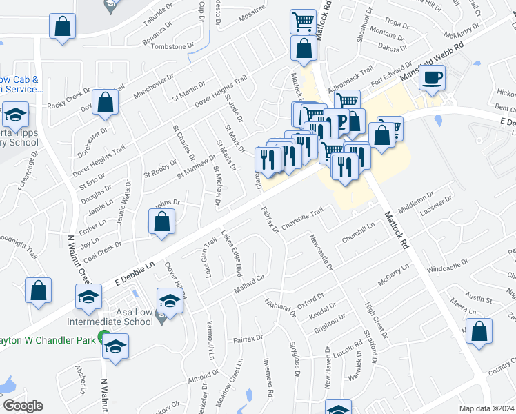 map of restaurants, bars, coffee shops, grocery stores, and more near 1817 Fairfax Drive in Mansfield
