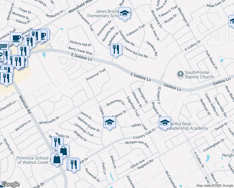 map of restaurants, bars, coffee shops, grocery stores, and more near 2317 Laura Elizabeth Trail in Mansfield