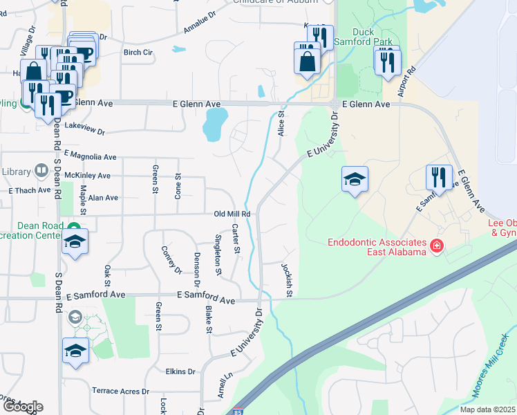 map of restaurants, bars, coffee shops, grocery stores, and more near 1400 East University Drive in Auburn