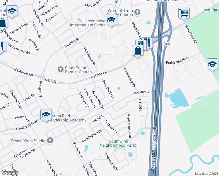 map of restaurants, bars, coffee shops, grocery stores, and more near 8407 River Bluffs Drive in Arlington