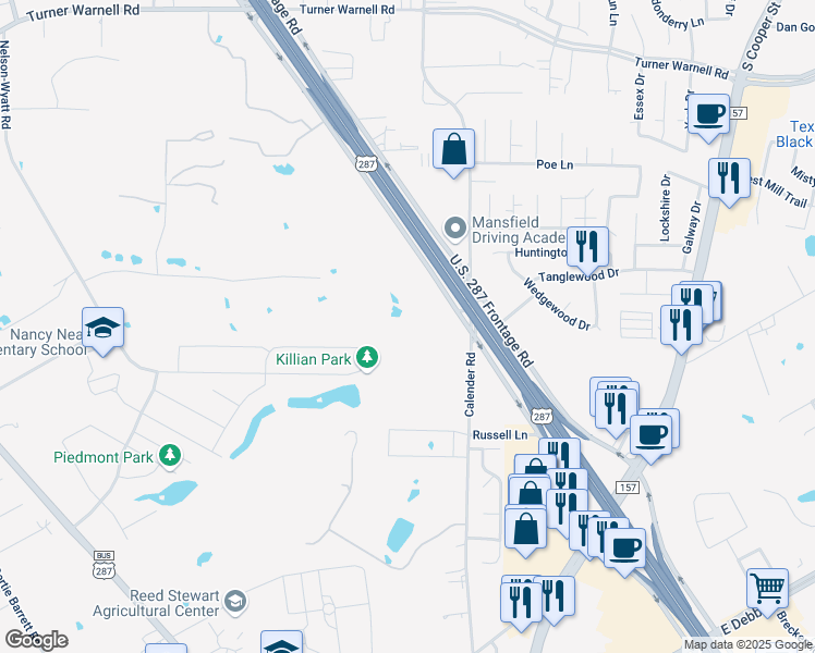 map of restaurants, bars, coffee shops, grocery stores, and more near 2301 U.S. 287 Frontage Road in Mansfield