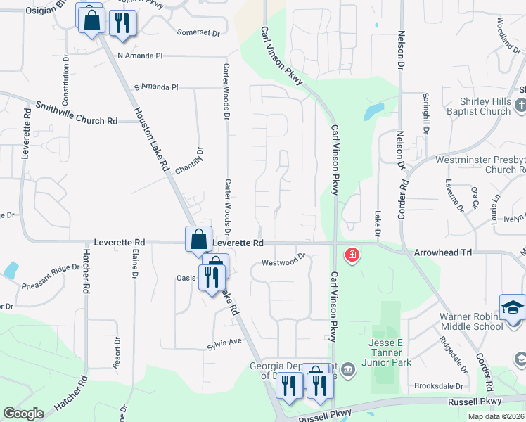 map of restaurants, bars, coffee shops, grocery stores, and more near 102 Pamlico Court in Warner Robins