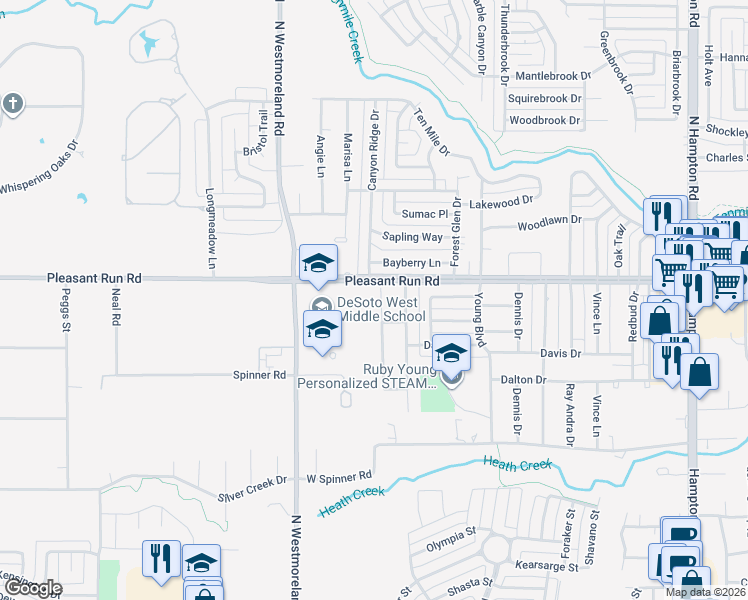 map of restaurants, bars, coffee shops, grocery stores, and more near 901 Canyon Ridge Drive in DeSoto