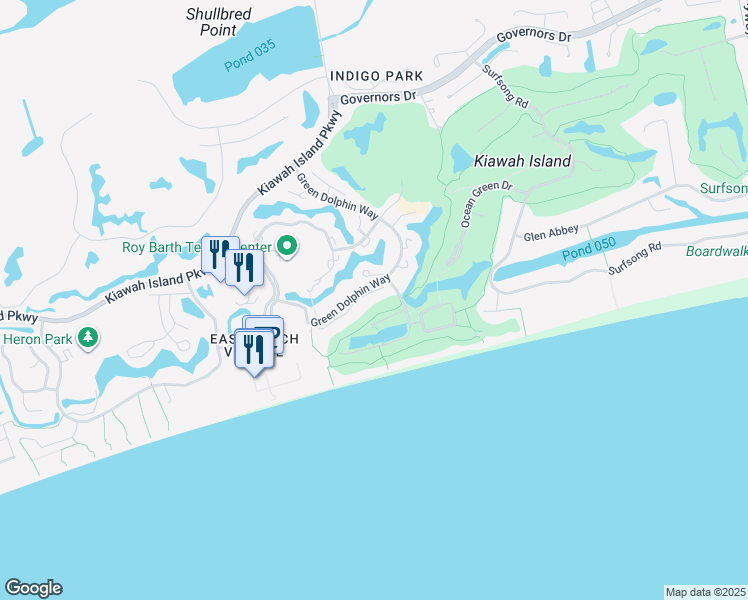 map of restaurants, bars, coffee shops, grocery stores, and more near 4961 Green Dolphin Way in Kiawah Island