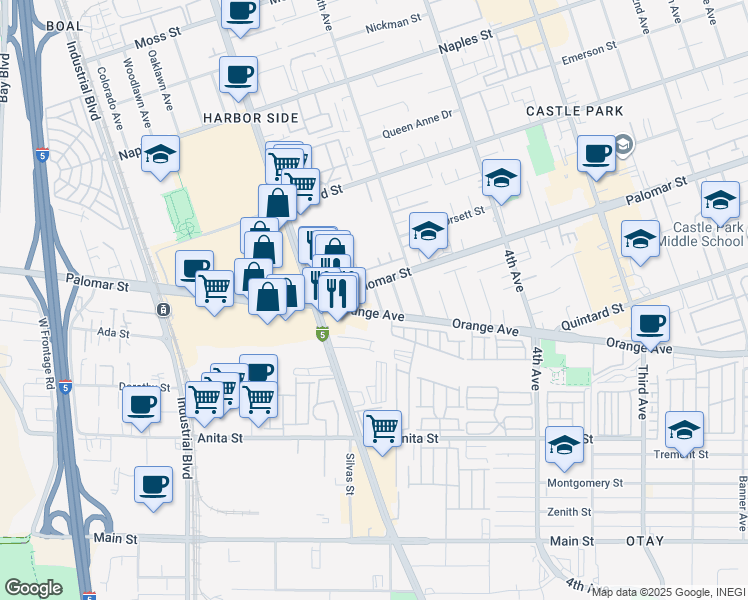 map of restaurants, bars, coffee shops, grocery stores, and more near 33 Palomar Street in Chula Vista