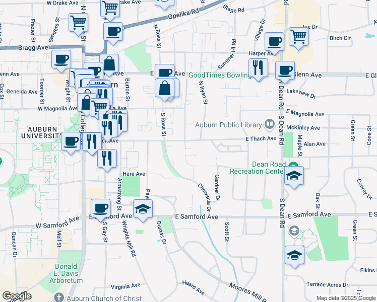 map of restaurants, bars, coffee shops, grocery stores, and more near 502 East Thach Avenue in Auburn