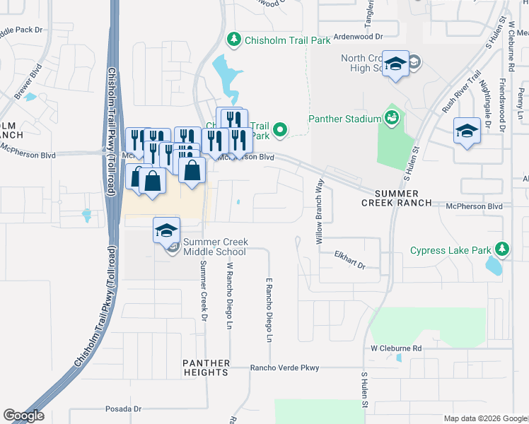 map of restaurants, bars, coffee shops, grocery stores, and more near 5152 Cantle Court in Crowley