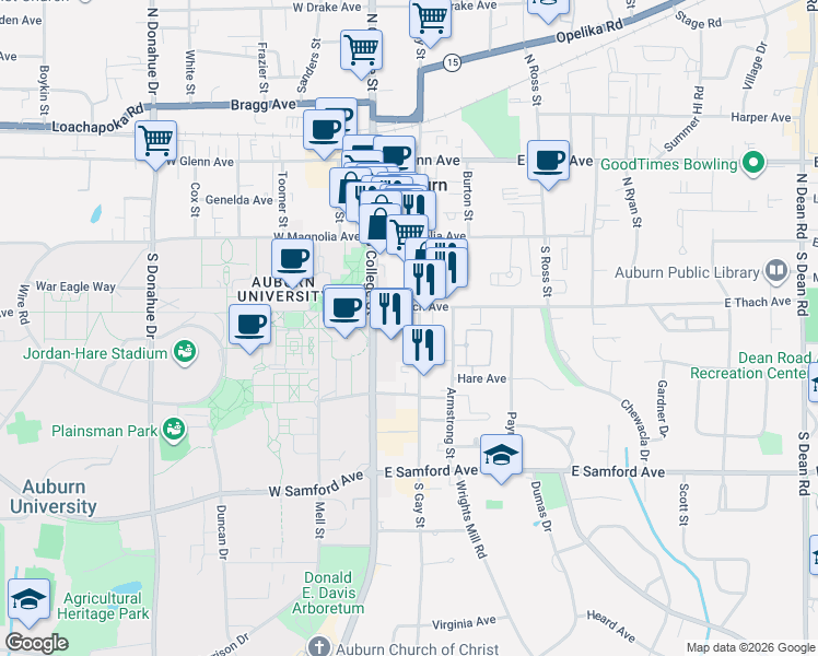 map of restaurants, bars, coffee shops, grocery stores, and more near 132 East Thach Avenue in Auburn