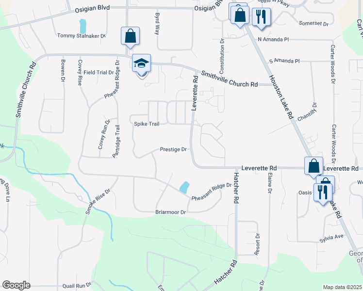 map of restaurants, bars, coffee shops, grocery stores, and more near 102 Prestige Drive in Warner Robins