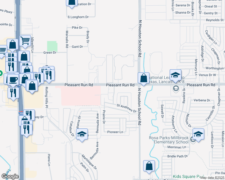 map of restaurants, bars, coffee shops, grocery stores, and more near 2400 West Pleasant Run Road in Lancaster