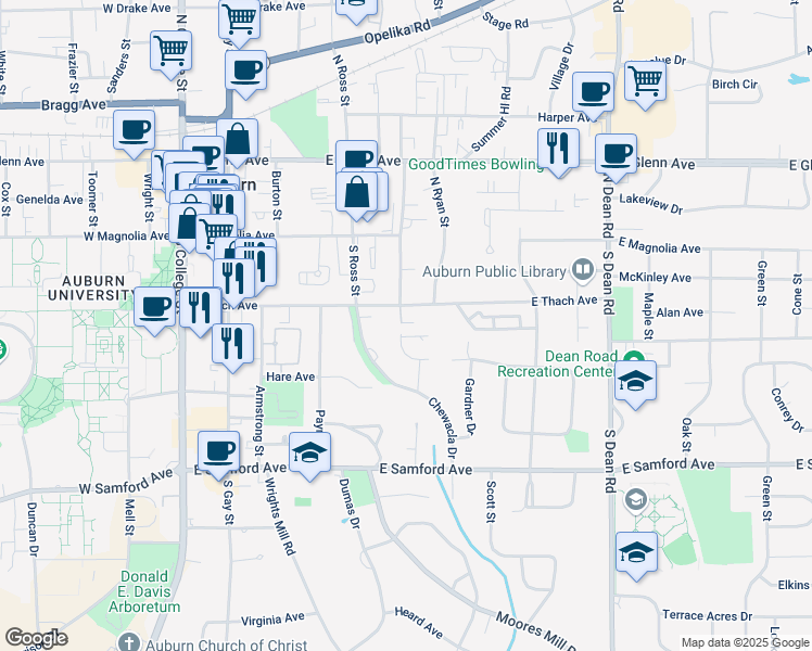 map of restaurants, bars, coffee shops, grocery stores, and more near 208 Auburn Drive in Auburn