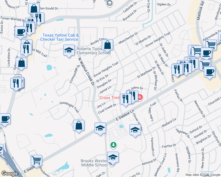 map of restaurants, bars, coffee shops, grocery stores, and more near 624 Jamie Lane in Mansfield