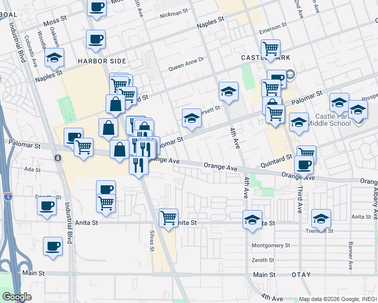 map of restaurants, bars, coffee shops, grocery stores, and more near 1322 Elden Avenue in Chula Vista