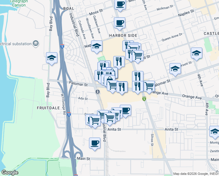 map of restaurants, bars, coffee shops, grocery stores, and more near 689 Palomar Street in Chula Vista