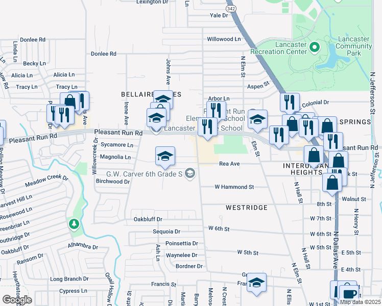 map of restaurants, bars, coffee shops, grocery stores, and more near 1241 Westridge Avenue in Lancaster