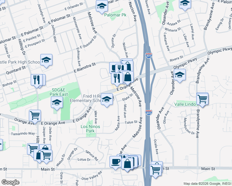 map of restaurants, bars, coffee shops, grocery stores, and more near 251 Sandstone Street in Chula Vista