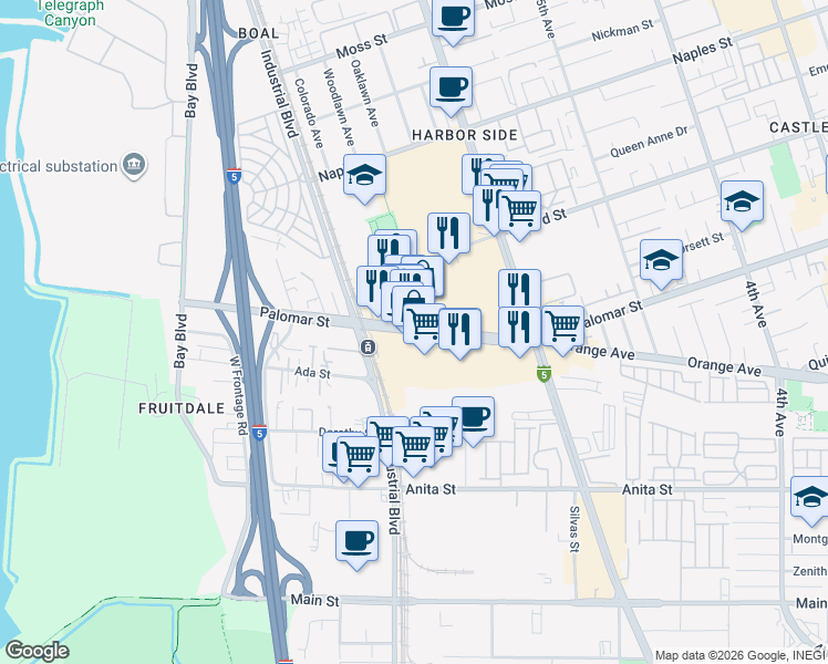 map of restaurants, bars, coffee shops, grocery stores, and more near 670 Palomar Street in Chula Vista