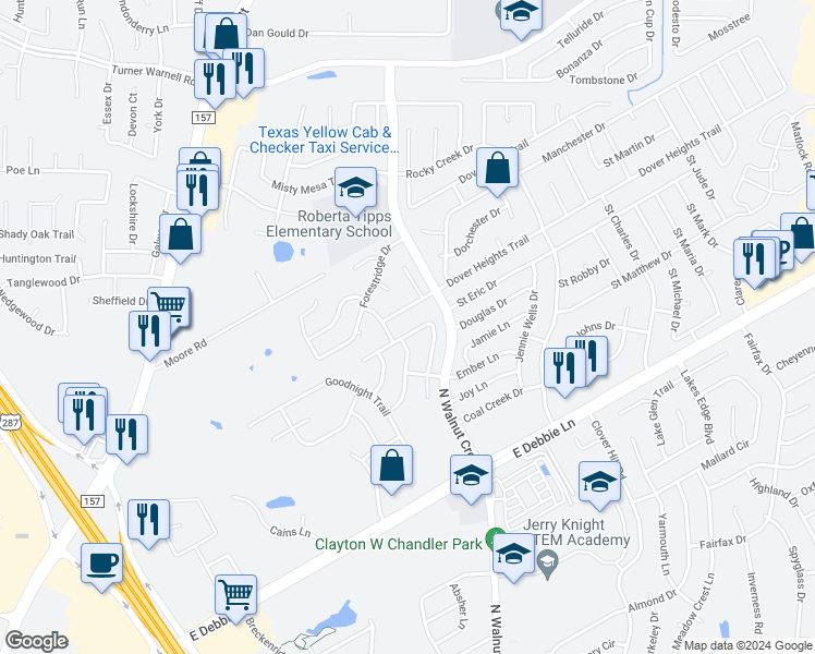 map of restaurants, bars, coffee shops, grocery stores, and more near 403 Canadian Trail in Mansfield
