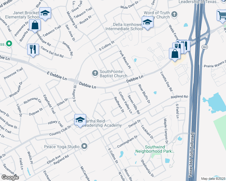map of restaurants, bars, coffee shops, grocery stores, and more near 8301 Redheart Street in Arlington