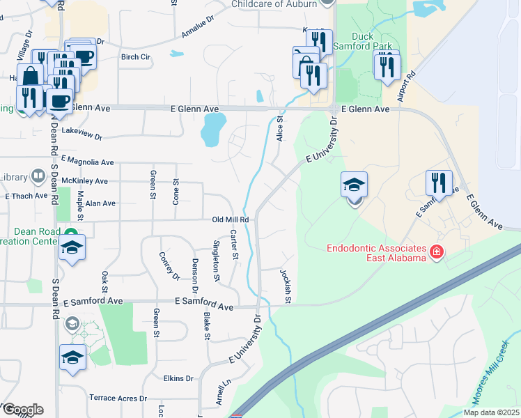map of restaurants, bars, coffee shops, grocery stores, and more near 1404 East University Drive in Auburn