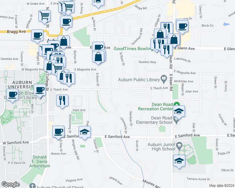 map of restaurants, bars, coffee shops, grocery stores, and more near 528 East Thach Avenue in Auburn