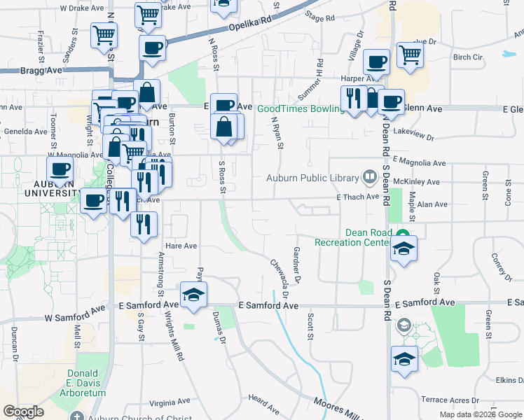 map of restaurants, bars, coffee shops, grocery stores, and more near 502 East Thach Avenue in Auburn