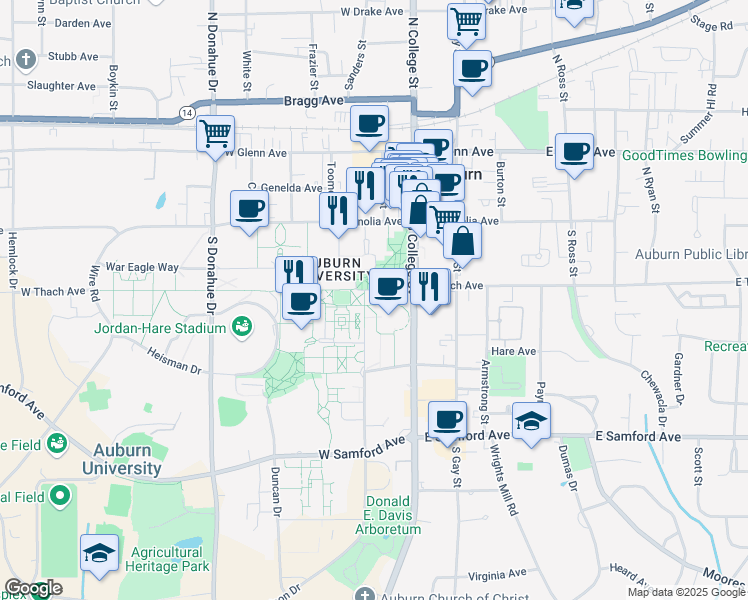 map of restaurants, bars, coffee shops, grocery stores, and more near 211 West Thach Avenue in Auburn