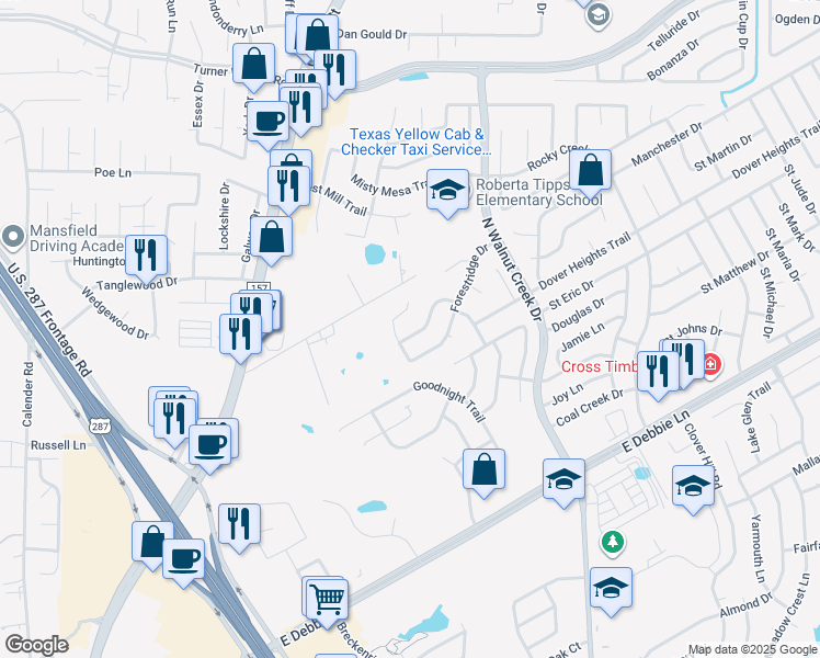 map of restaurants, bars, coffee shops, grocery stores, and more near 205 Cabotwood Trail in Mansfield