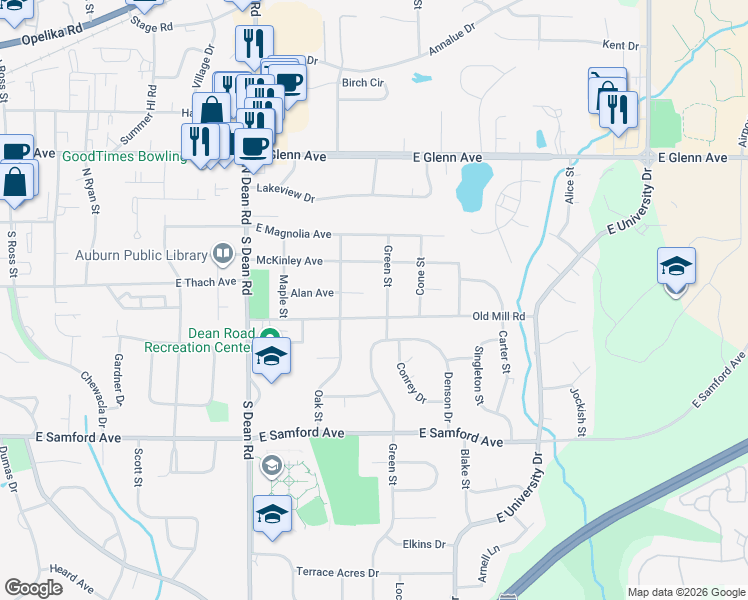 map of restaurants, bars, coffee shops, grocery stores, and more near 156 Green Street in Auburn