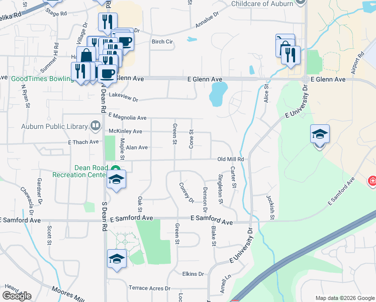 map of restaurants, bars, coffee shops, grocery stores, and more near 162 Cone Street in Auburn