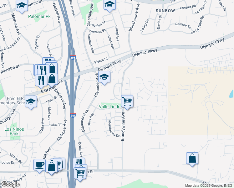 map of restaurants, bars, coffee shops, grocery stores, and more near 1546 Sonora Drive in Chula Vista