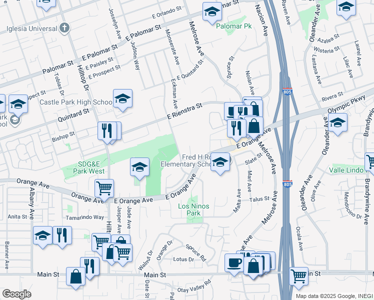 map of restaurants, bars, coffee shops, grocery stores, and more near 1532 Grand Teton Court in Chula Vista