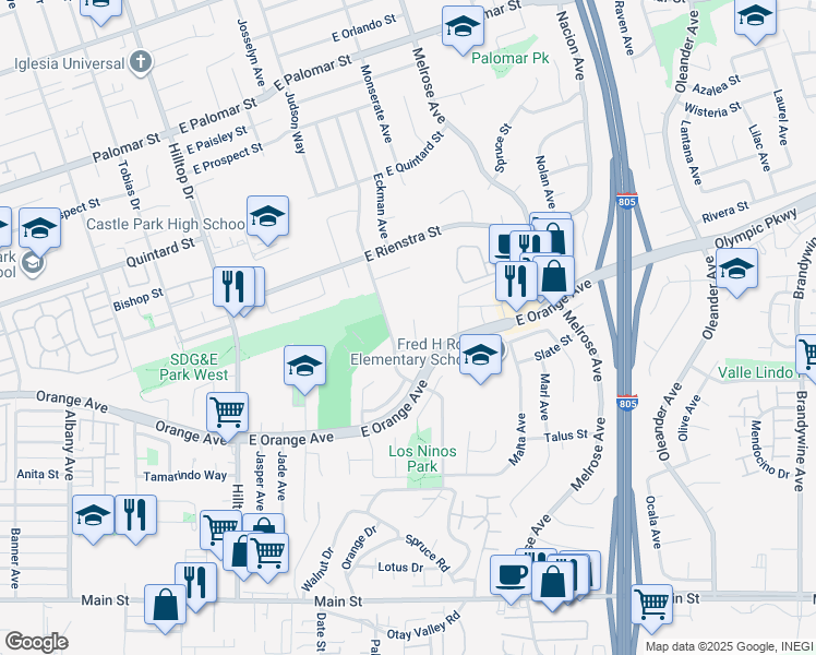 map of restaurants, bars, coffee shops, grocery stores, and more near 1532 Grand Teton Court in Chula Vista