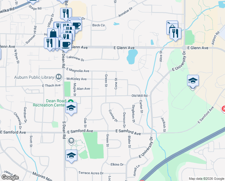 map of restaurants, bars, coffee shops, grocery stores, and more near 156 Cone Street in Auburn