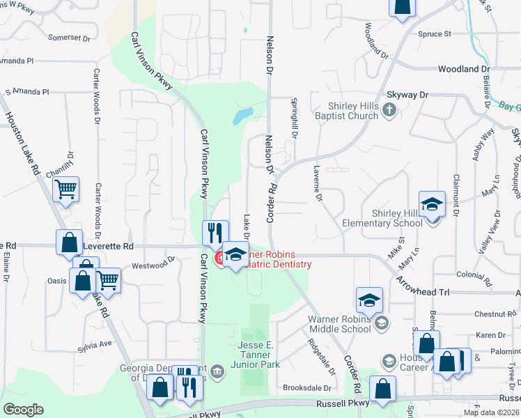 map of restaurants, bars, coffee shops, grocery stores, and more near 914 Corder Road in Warner Robins