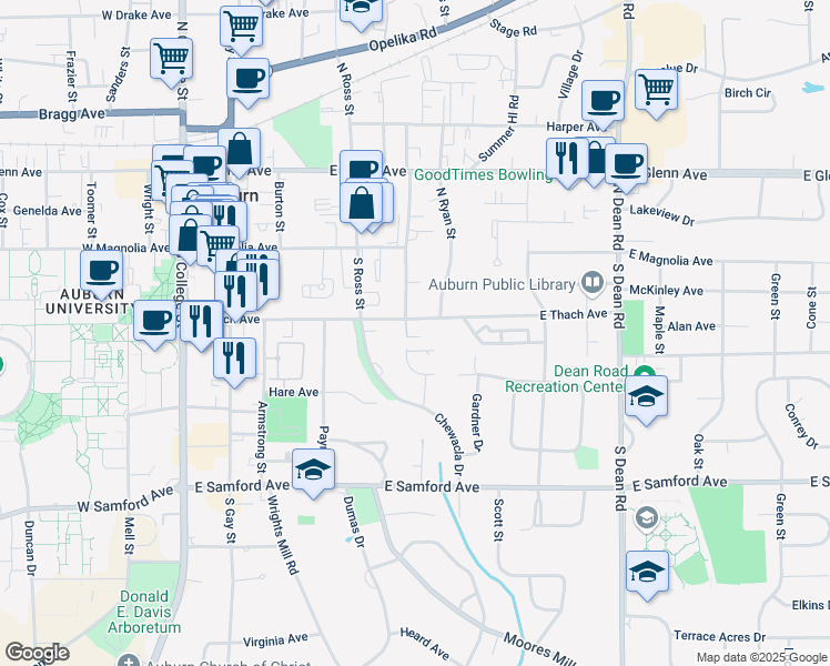 map of restaurants, bars, coffee shops, grocery stores, and more near 207 Auburn Drive in Auburn