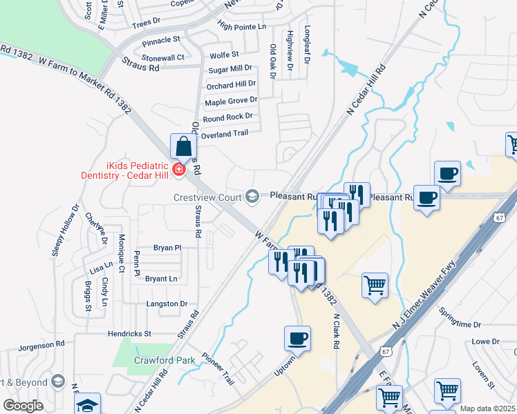 map of restaurants, bars, coffee shops, grocery stores, and more near 224 West Pleasant Run Road in Cedar Hill