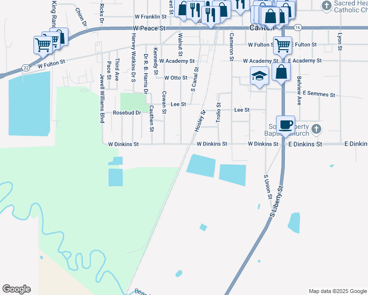 map of restaurants, bars, coffee shops, grocery stores, and more near 633 West Dinkins Street in Canton