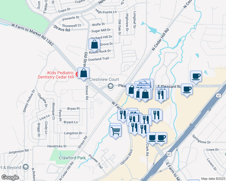 map of restaurants, bars, coffee shops, grocery stores, and more near 224 West Pleasant Run Road in Cedar Hill