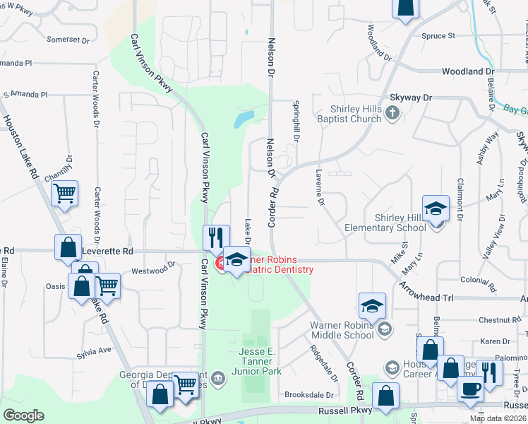 map of restaurants, bars, coffee shops, grocery stores, and more near 914 Corder Road in Warner Robins