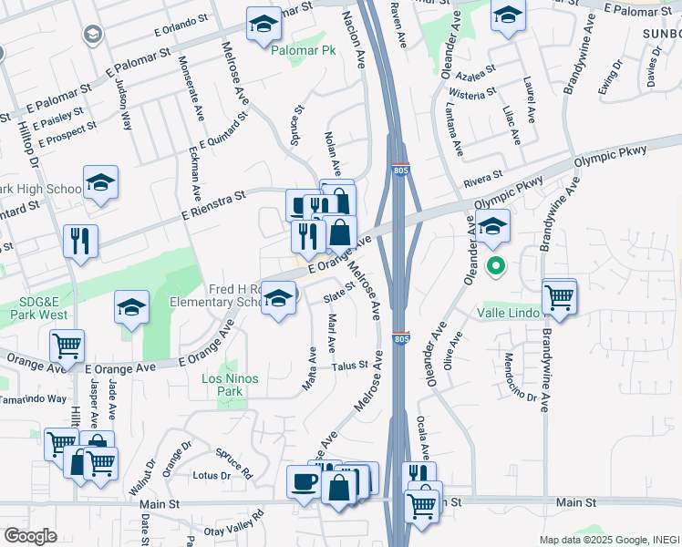 map of restaurants, bars, coffee shops, grocery stores, and more near 1505 Marble Way in Chula Vista